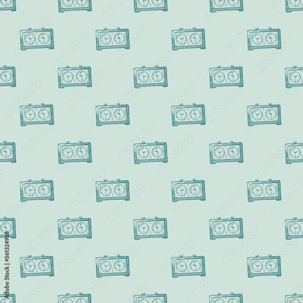 Chess clock engraved seamless pattern. Retro watch for chess game in hand drawn style. Sketch texture for fabric, wallpaper, textile, print, title, wrapping paper. Vector illustration.