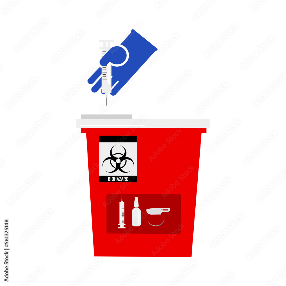 Illustration of a sharps medical biohazard wastes with a red container