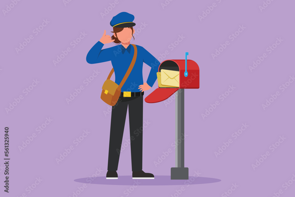 Graphic flat design drawing active postwoman with call me gesture standing in hat, bag, uniform, holding an envelope. Working hard to delivering mail to home address. Cartoon style vector illustration Graphic flat design drawing active postwoman with call me gesture standing in hat, bag, uniform, holding an envelope. Working hard to delivering mail to home address. Cartoon style vector illustration