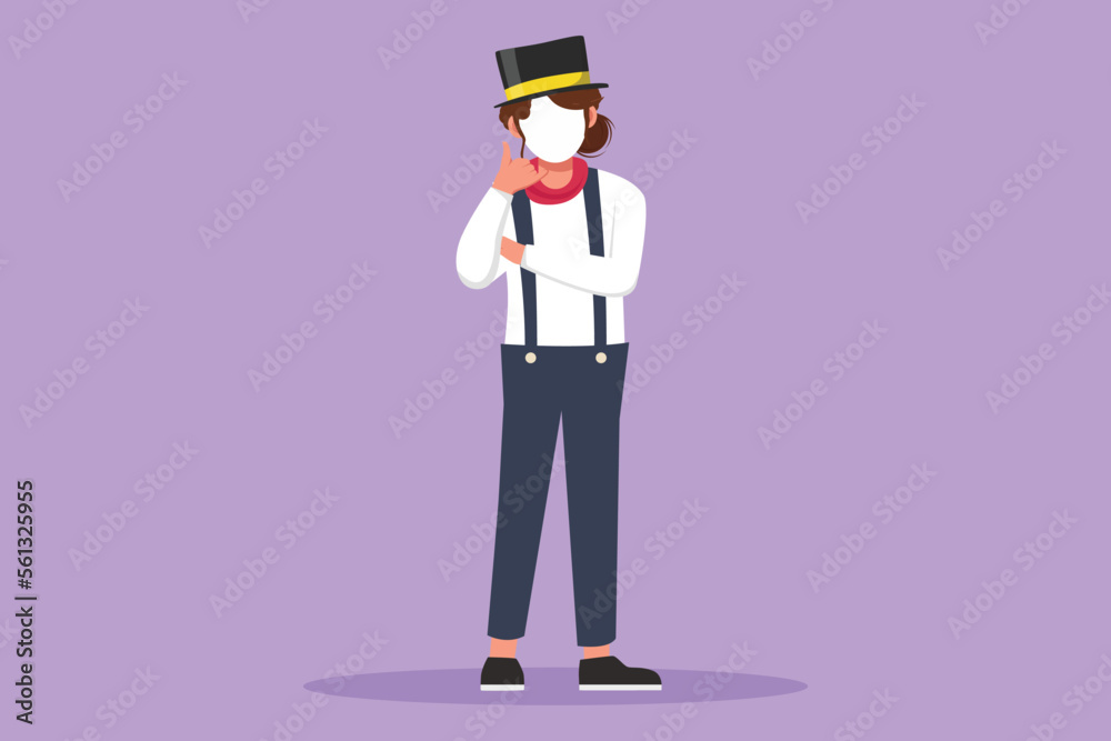 Graphic flat design drawing female mime artist stands with call me gesture and white make up face makes audience laugh with silent comedy. Entertainer worker on job. Cartoon style vector illustration Graphic flat design drawing female mime artist stands with call me gesture and white make up face makes audience laugh with silent comedy. Entertainer worker on job. Cartoon style vector illustration