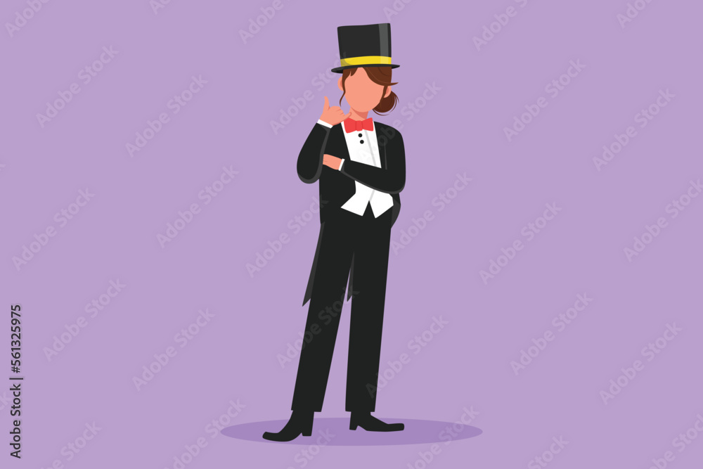 Character flat drawing beautiful female magician standing in suit with call me gesture and performing tricks with stick or magic wand at circus show entertainment. Cartoon design vector illustration Character flat drawing beautiful female magician standing in suit with call me gesture and performing tricks with stick or magic wand at circus show entertainment. Cartoon design vector illustration