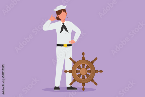 Cartoon flat style drawing sailor woman standing with call me gesture to be part of cruise ship, carrying passengers traveling across seas. Sailor on duty in ocean. Graphic design vector illustration