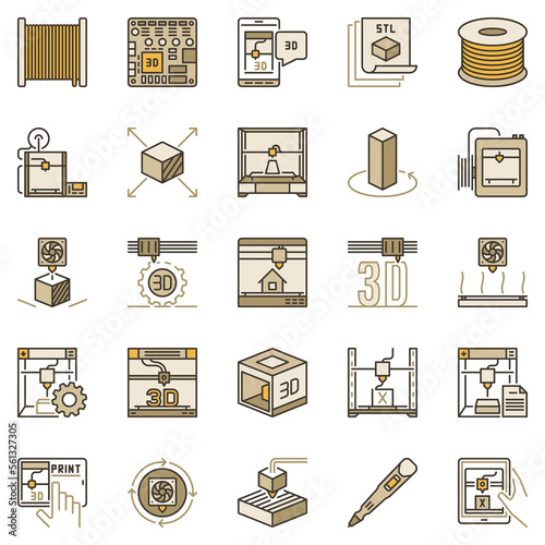 3D Printer colored icons set. Additive Manufacturing and Printing Technology concept signs photo