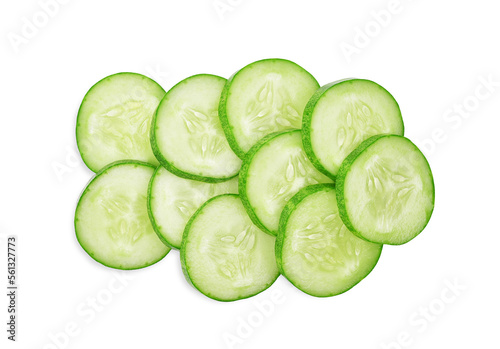 Slices of cucumber isolated on white background. Top view