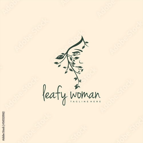 Leafy woman face vector logo template