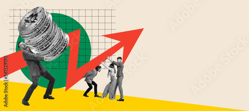 Contemporary art collage. Conceptual design. Business people, freelancers carrying arrow symbolizing growth of cryptocurrency photo