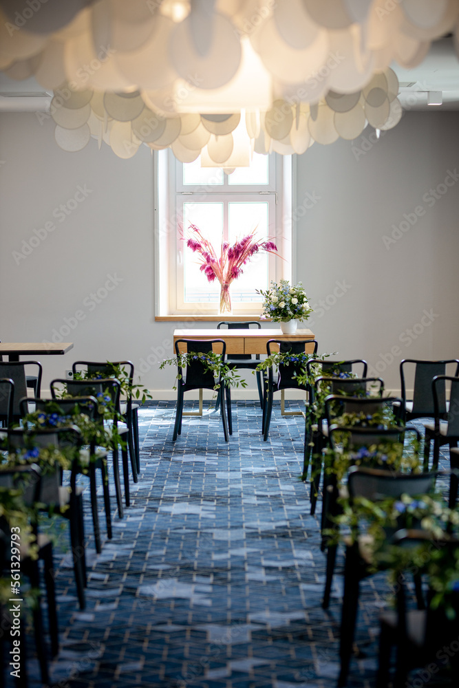 Wedding ceremony flowers decorations bride groom get married in hall civil marriage chairs preparations