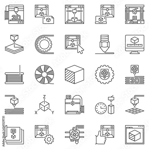 3D Printing concept outline icons set - vector Printer linear symbols