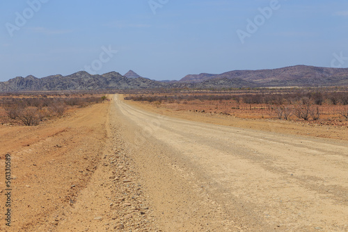 Namibian landscape along the gravel road. Damaraland  homelands in South West Africa  Namibia.