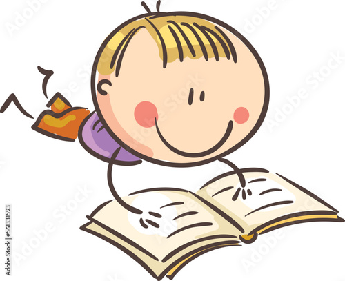 Child with book, little boy reading a book lying down, cartoon illustration, isolated on white
