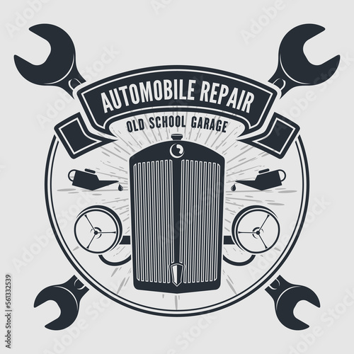 Car repair service, vintage Logo design concept with retro radiator grill and car headlights. Vector illustration