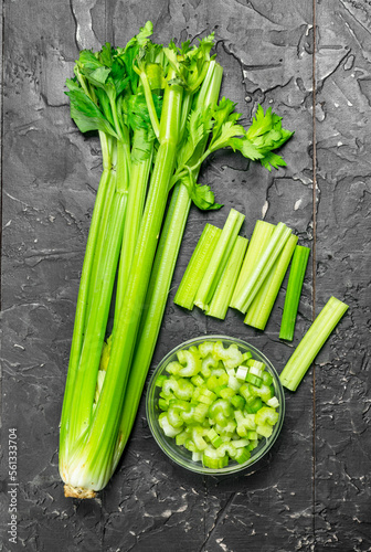 Sliced celery in a bowl.