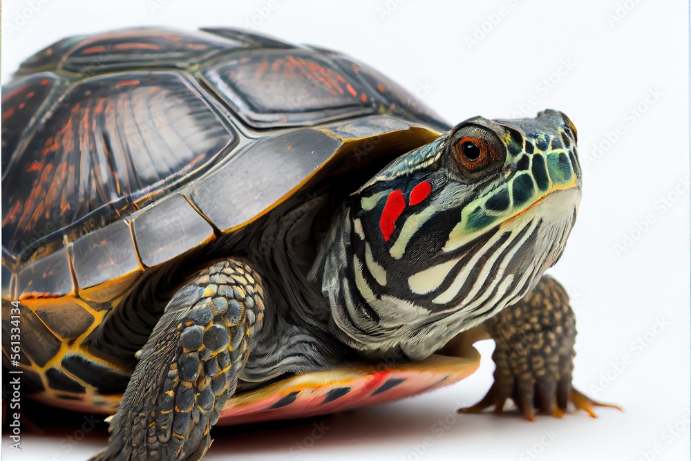 Fototapeta premium Close up of a Red Eared Slider Turtle isolated on a white background
