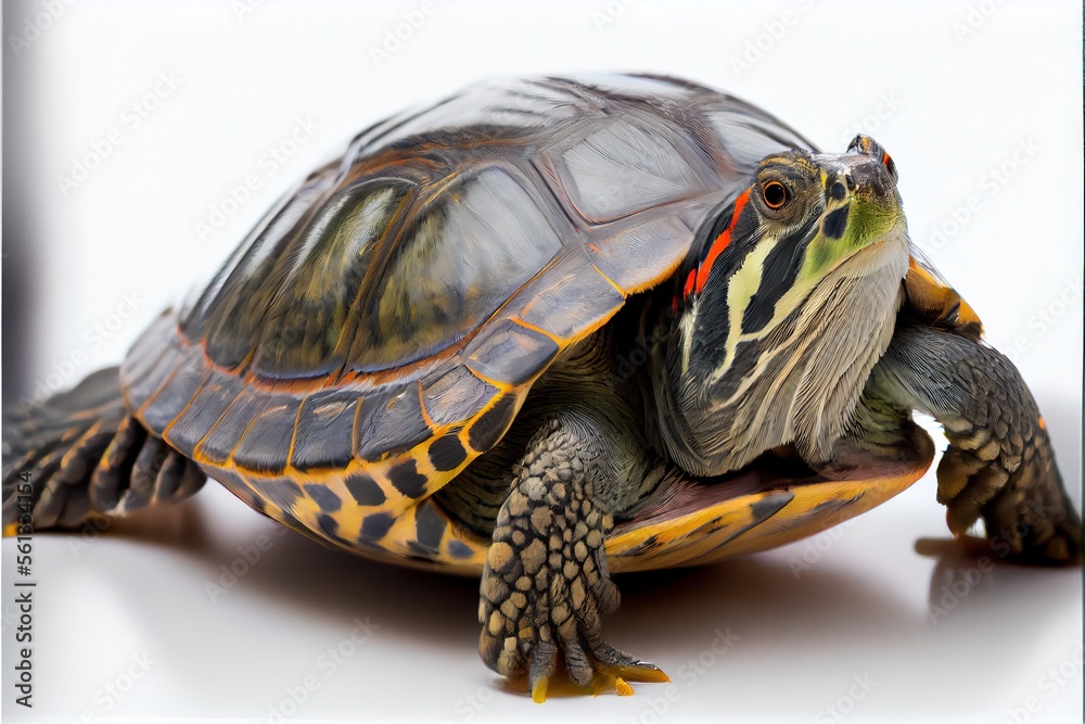 Obraz premium Close up of a Red Eared Slider Turtle isolated on a white background