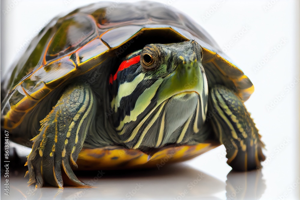 Obraz premium Close up of a Red Eared Slider Turtle isolated on a white background