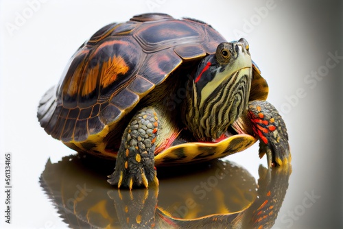 Close up of a Red Eared Slider Turtle isolated on a white background
