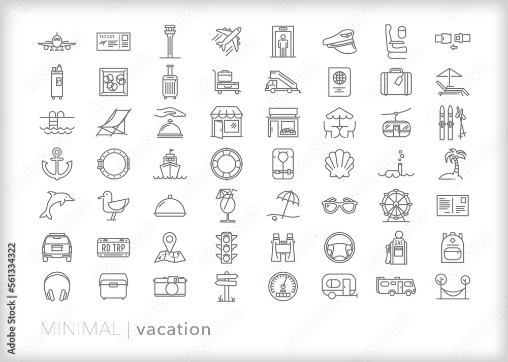 Fototapeta premium Set of vacation line icons of items and themes for a relaxing family or solo trip traveling away from home