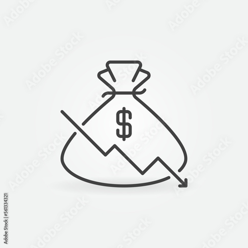 Money Bag with Falling Graph vector concept line icon or symbol