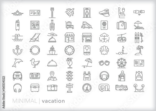 Set of vacation line icons of items and themes for a relaxing family or solo trip traveling away from home