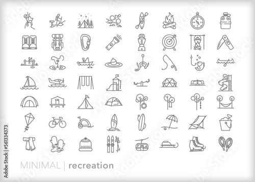 Set of recreation line icons of outdoor camping and adventure activities