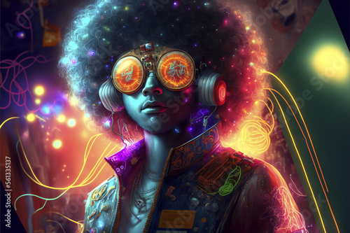 A fictional person. Disco-Inspired, Music-Filled, Award-Winning 3D Rendering of Unique and Expressive Headphone-Wearing Character Concept Art in Glibatree Style