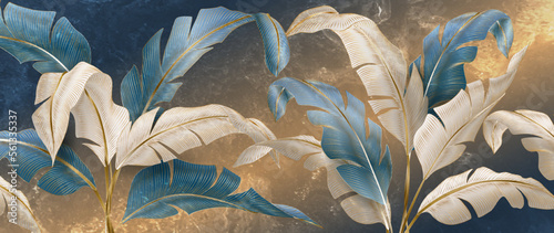 Luxury art background with tropical leaves in gold and blue colors with hand drawn elements in line style. Botanical banner with palm leaves for wallpaper design, decor, print, textile.