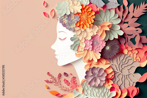 Fototapeta Naklejka Na Ścianę i Meble -  Female profile silhouette with flowers and plants. AI generated image.