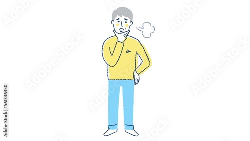 悩みながらため息をつく中年男性　全身