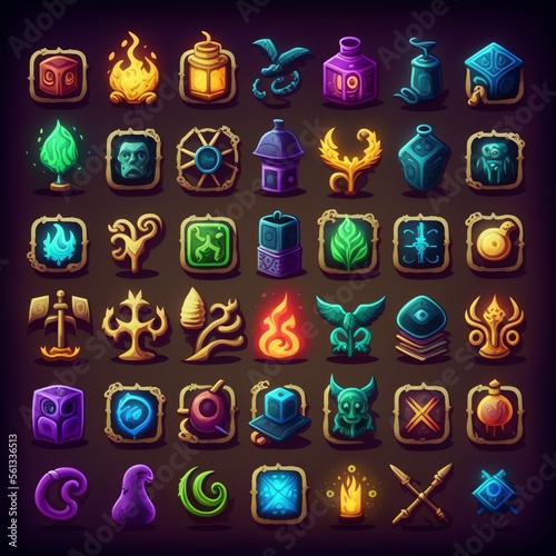 illustration of a collection of colorful user interface assets for mobile apps or video games, including humorous animals, elements, magic, weapons, and buttons