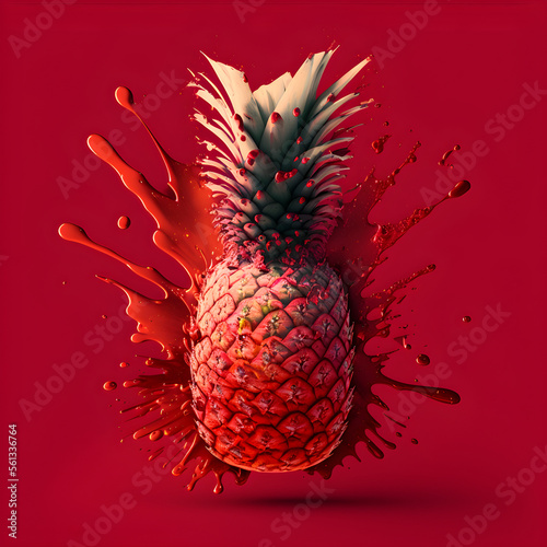 2D Pineapple with Red Splatter - Vibrant Fruit Design on a Bold Red Background - High Resolution PNG Image for Graphic Design and Print photo