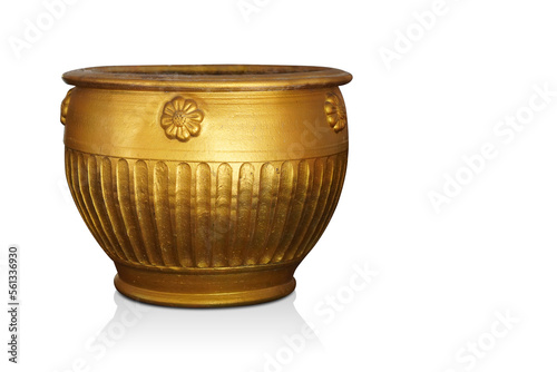 gold pottery pot on white background, vintage, retro, antique, old, decor, copy space