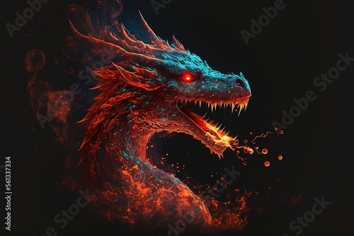 Dark Fantasy Red and Blue Dragon Drooling Fire - Digital Art, Background image © Fabricio