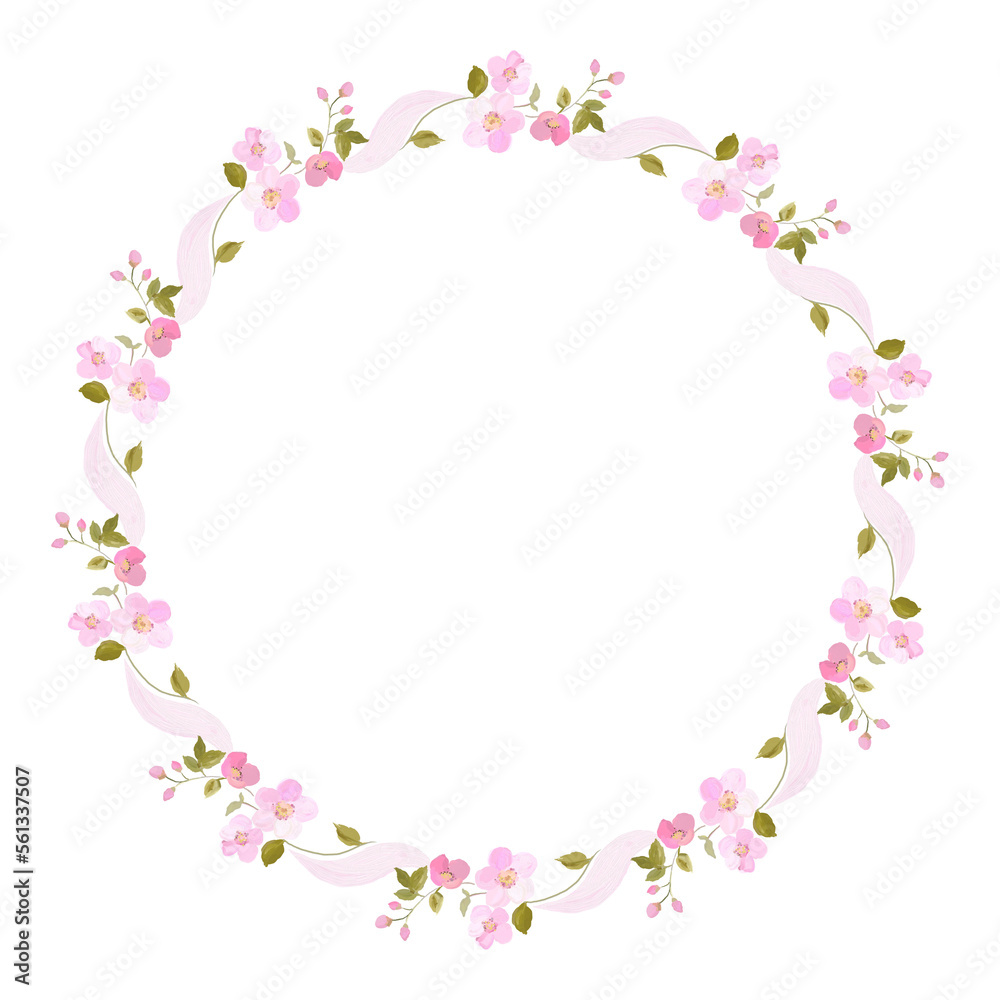 Pink floral wreath with delicate flowers and leaves Pink floral wreath with delicate flowers and leaves