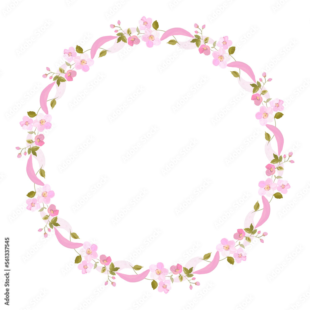 floral wreath with pink flowers, twigs and ribbons