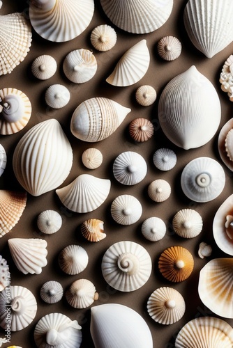 Arranged seashells collection flatlay