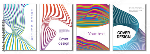 A set of 4 abstract covers. Wavy parallel gradient lines, ribbons evolve. Cover design, background. Trendy banner, poster.