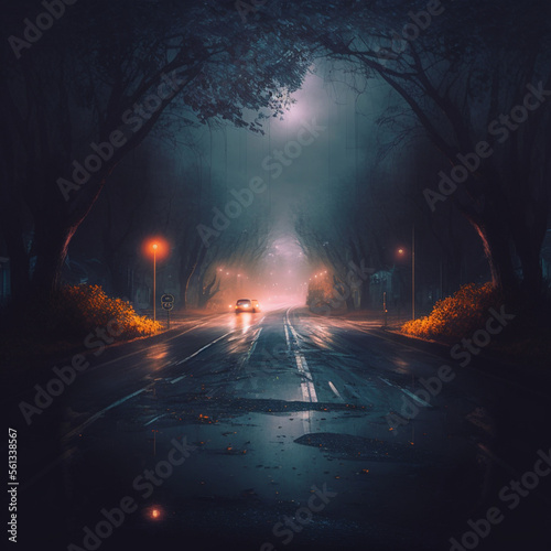 An ultra realistic empty illuminated cyberpunk country asphalt road through the trees and village in a fog on a rainy autumn Generative IA 