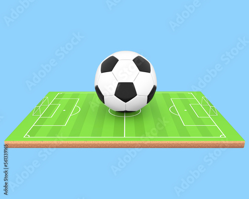 3D Rendering Soccer Ball On Soccer Field Side View Isolated On Blue Background
