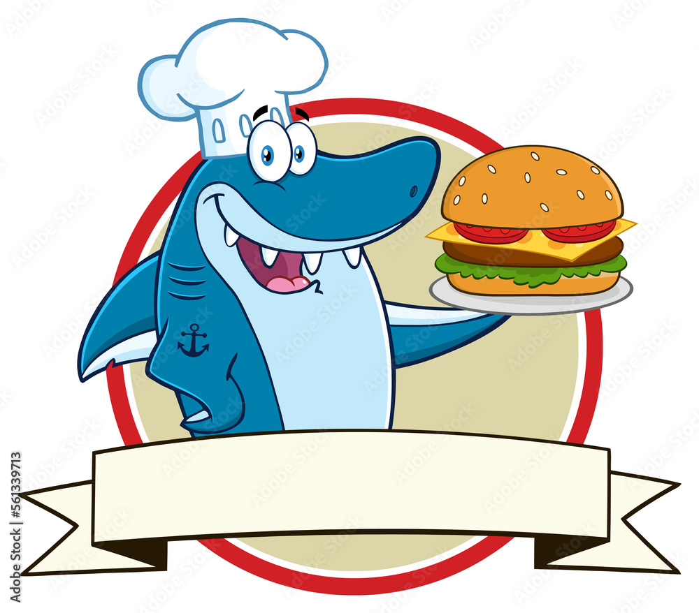 Chef Blue Shark Cartoon Mascot Character Holding A Big Burger Over A Ribbon Banner. Hand Drawn Illustration Isolated On Transparent Background Chef Blue Shark Cartoon Mascot Character Holding A Big Burger Over A Ribbon Banner. Hand Drawn Illustration Isolated On Transparent Background