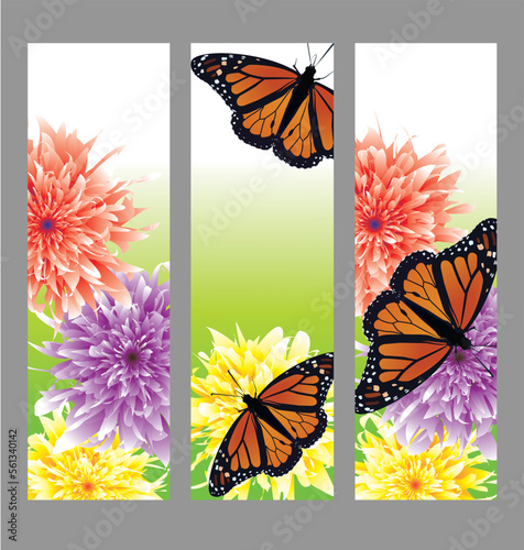 Set of three colourful and vibrant floral bookmark templates with monarch butterflies. Vector illustration design with yellow, orange purple flowers and green background. Can also be used as label .