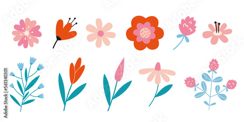 Set with meadow flowers, cartoon style. Trendy modern vector illustration isolated on white background, hand drawn, flat