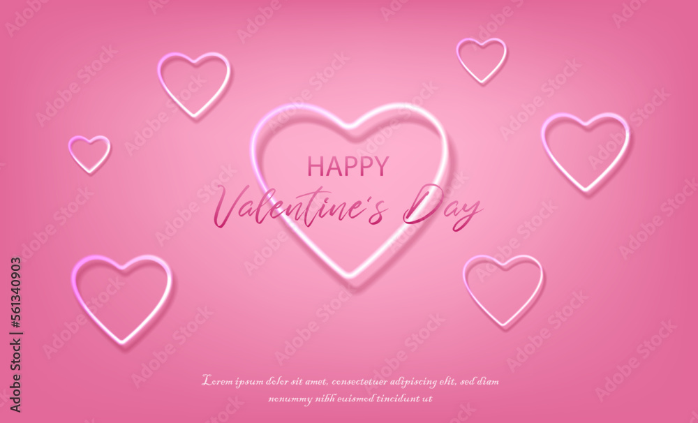 3d realistic vector Valentines banner. Romantic celebration banner, flyer, web, greeting card. Pink neon heart on pink background.