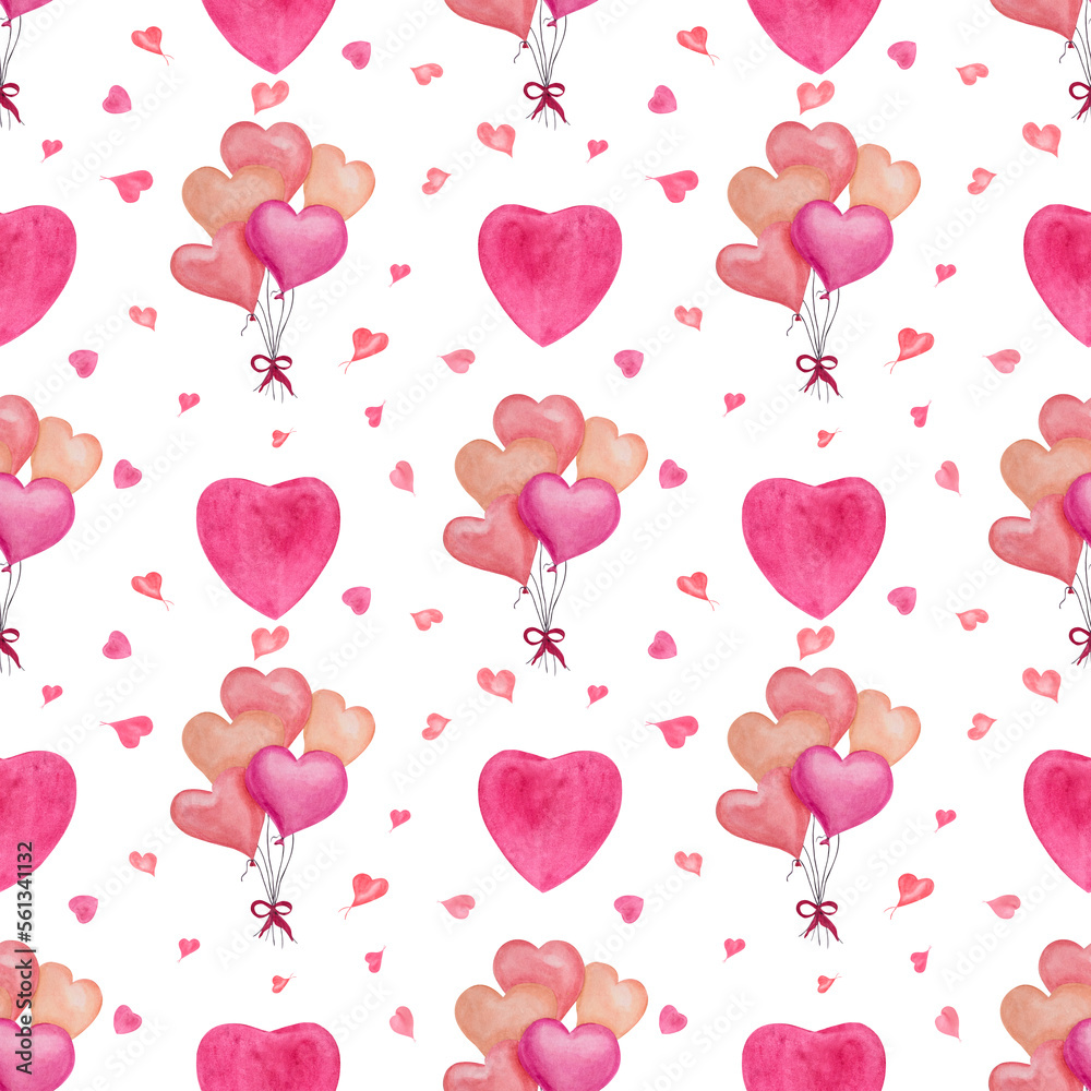 Watercolor seamless pattern of balloons, hearts isolated on white background. Design idea for postcard, poster, scrapbooking, invitations, background, prints, wallpaper, fabric, textile, wrapping.