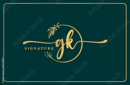 luxury gold signature initial Gk logo design isolated leaf and flower