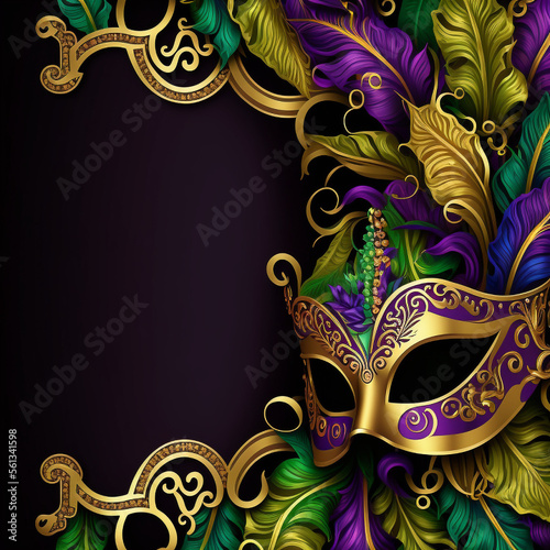 Venetian Carnival Mask with Golden Frame, Mardi Gras, Purple Green Gold, Generative AI