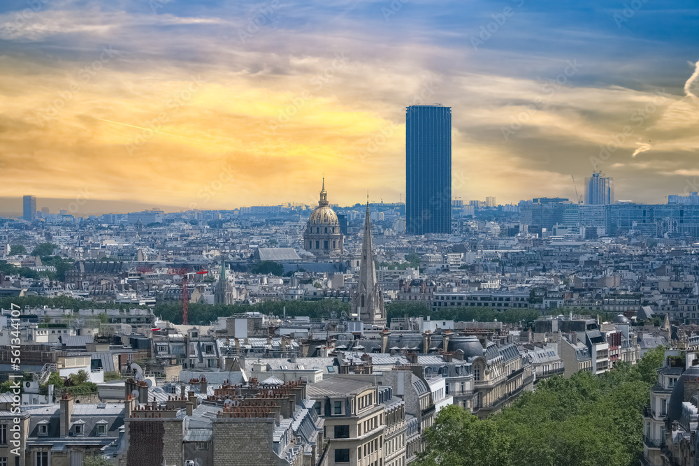 Paris, aerial view of the city, with the Invalides dome and the Montparnasse tower in background
