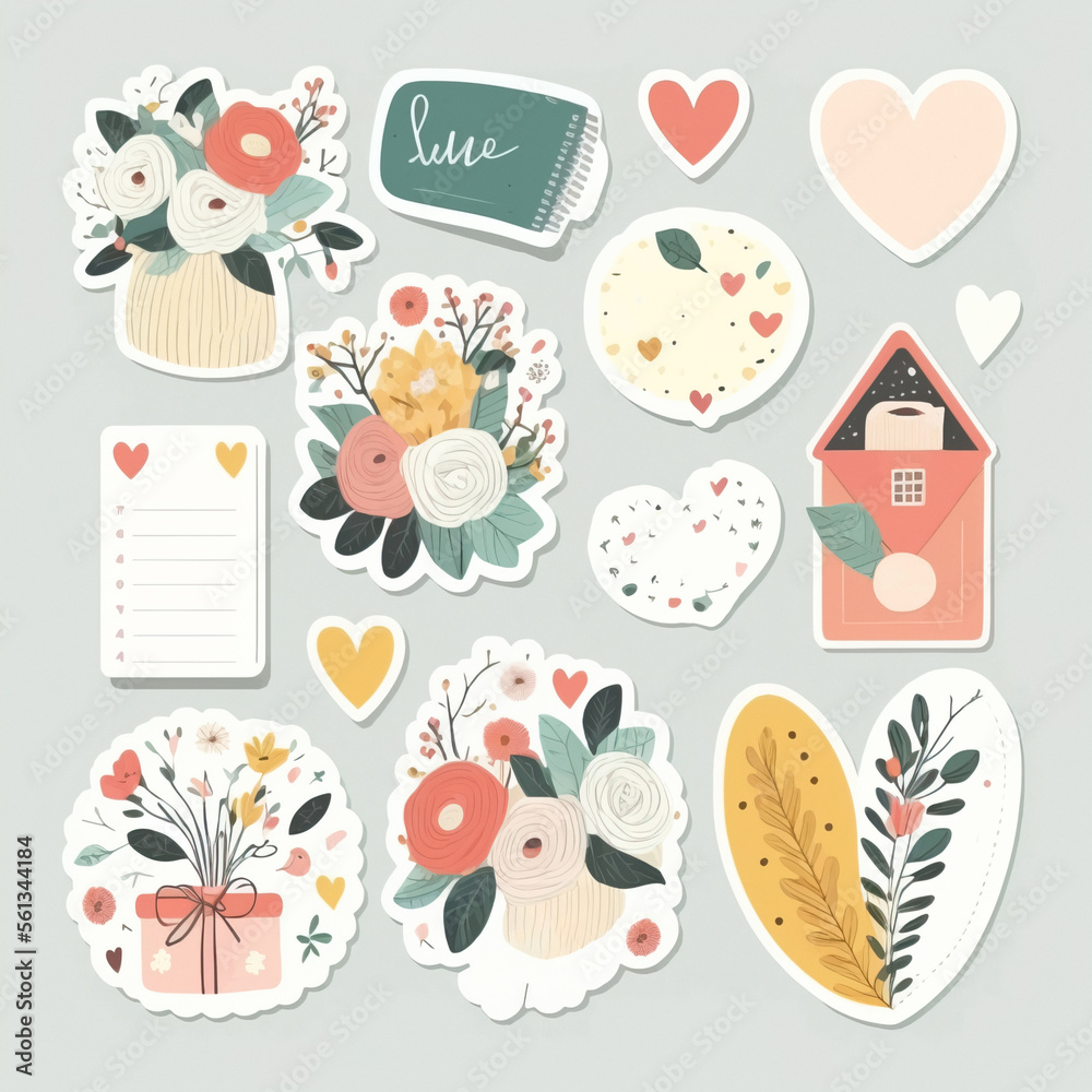 Set of love stickers for daily planner and diary. Collection of scrapbook  design elements for valentines day, heart, holiday gift, flowers. Romantic  doodle icons pack. Stock イラスト | Adobe Stock