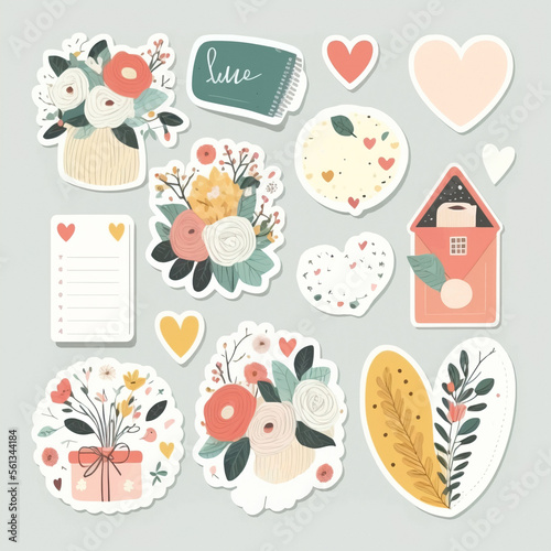 Set of love stickers for daily planner and diary. Collection of scrapbook design elements for valentines day, heart, holiday gift, flowers. Romantic doodle icons pack.