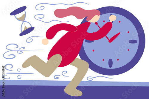 Drawing of a girl running along the road. An ordinary clock, an hourglass and guts of wind depicted around her. Hand-drawn in minimalist style. On a white background, isolated. Suitable for sport.