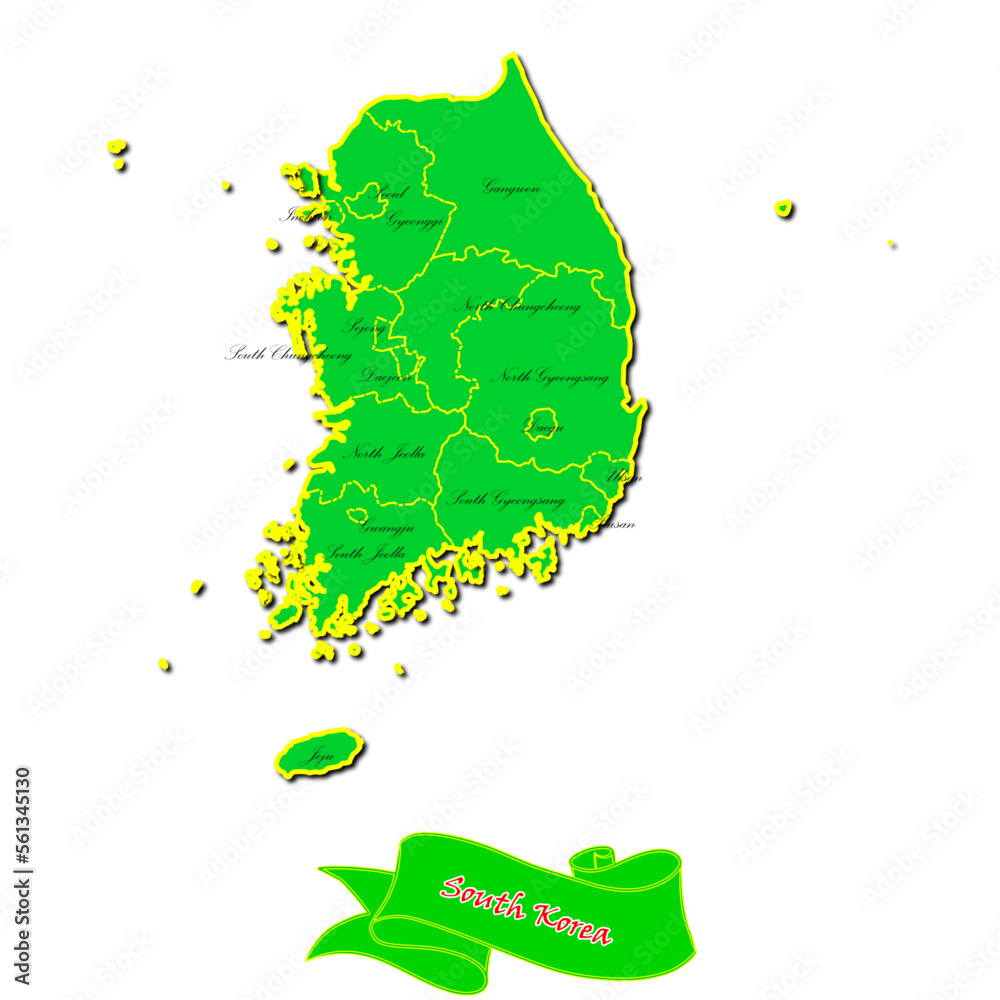 Vector map of South Korea with subregions in green country name in red ...